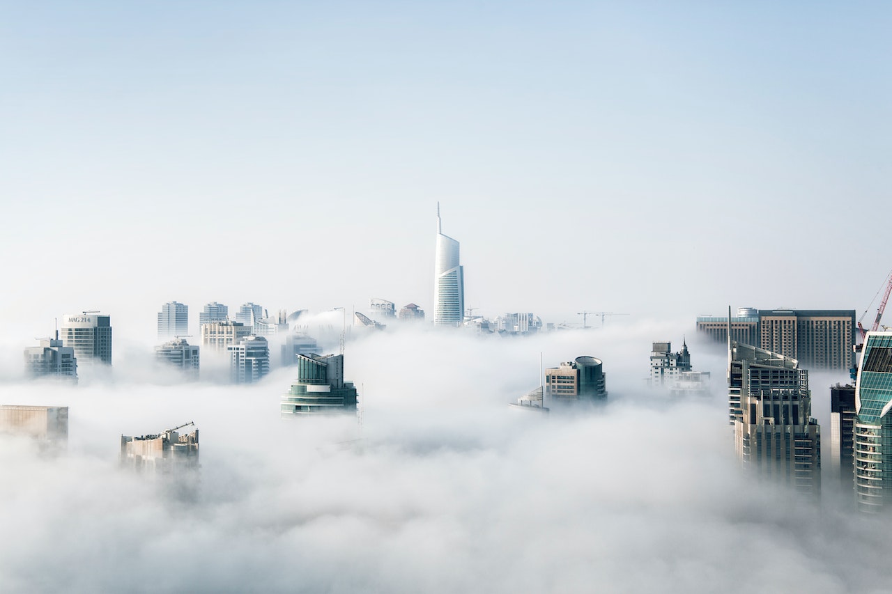 Skyscrapers surrounded with fog