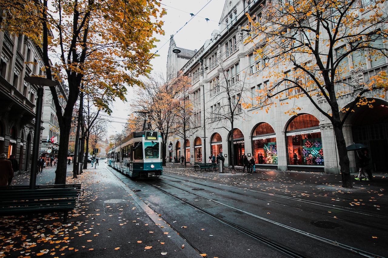 Autumn city with tram